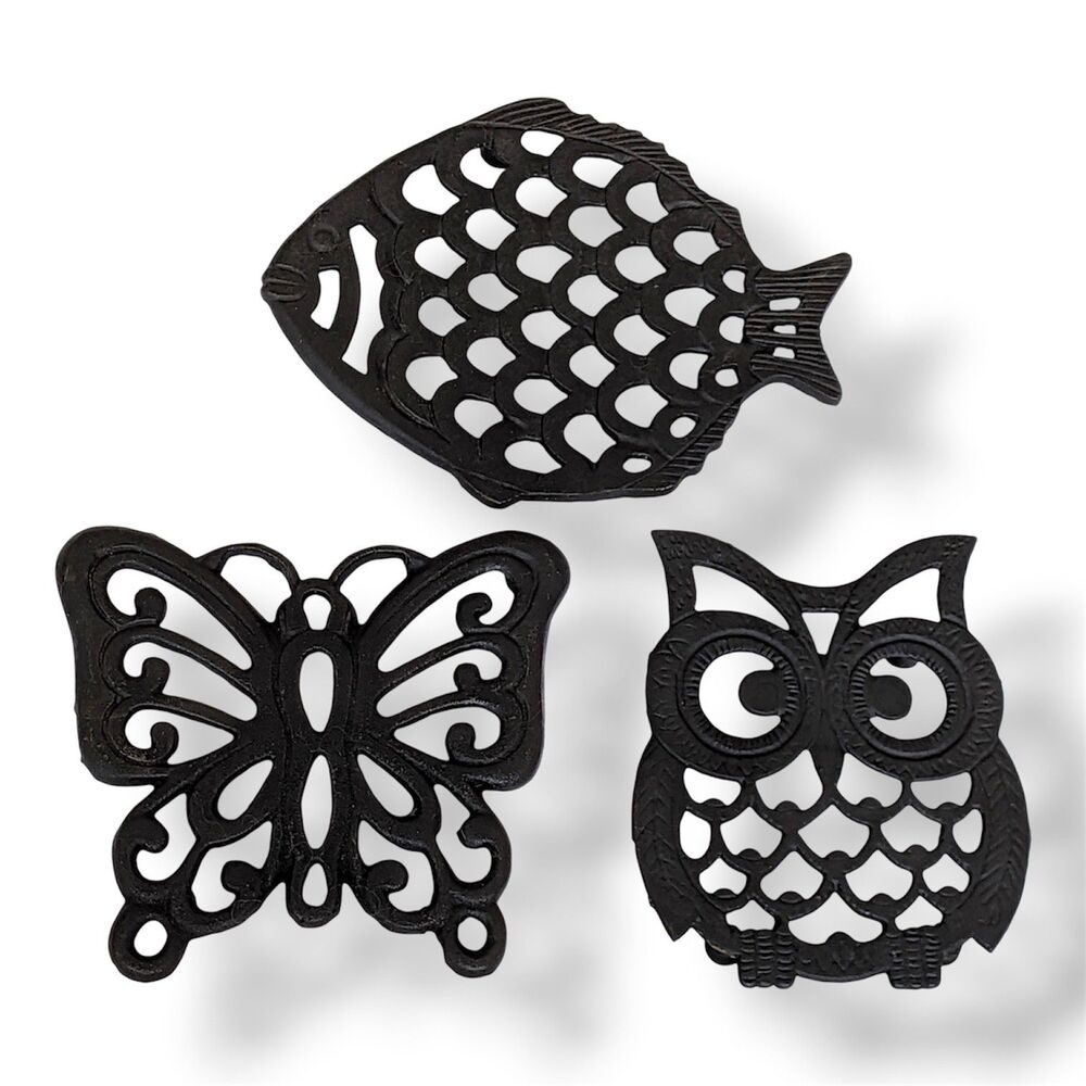 Vintage Black Cast Aluminum Trivet Set of 3 Fish Butterfly Owl Animal Patterns
